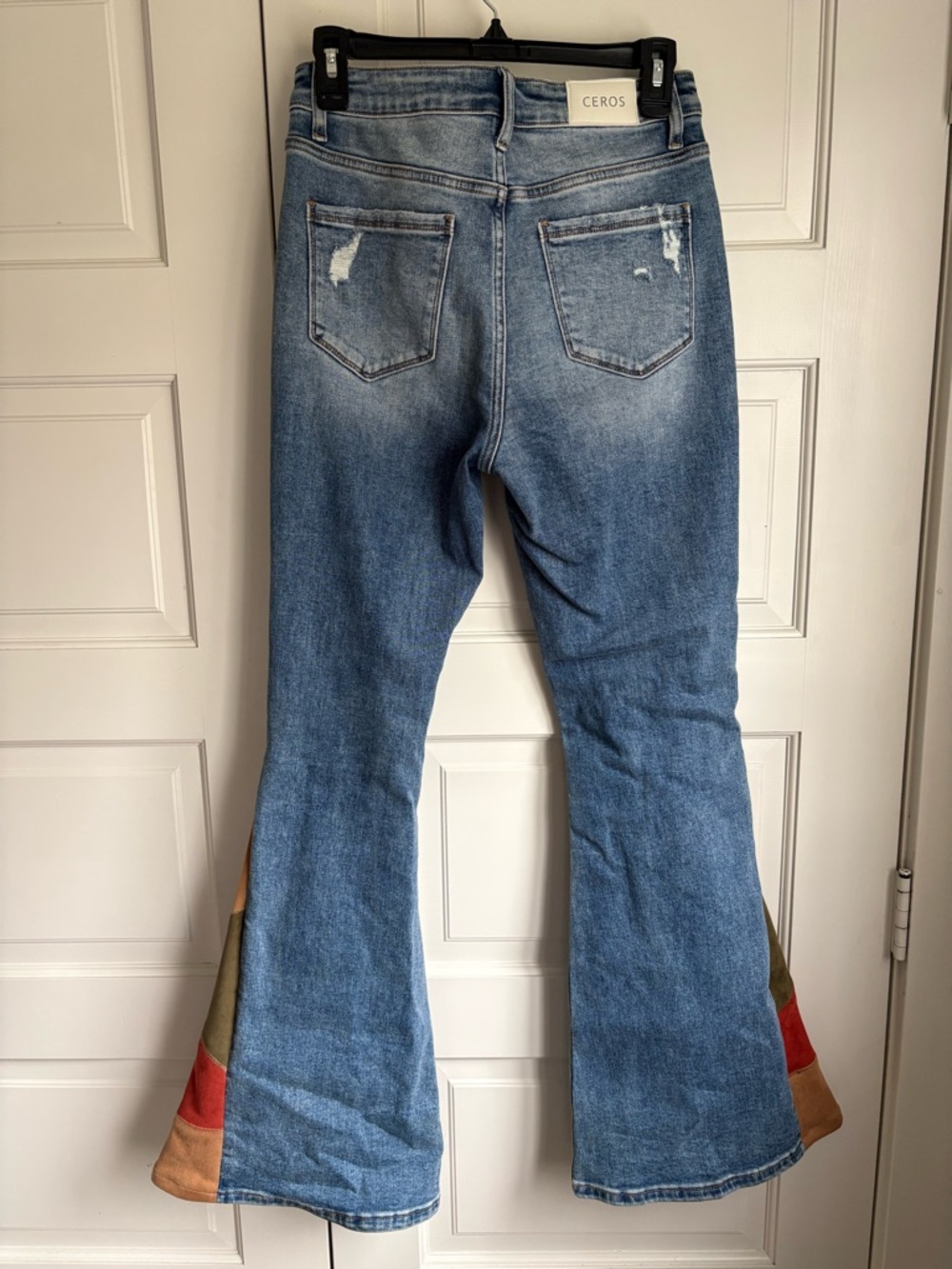 Distressed Stretch Blue Flare Jeans with Multicolor Panel Detail - Picture 3 of 4